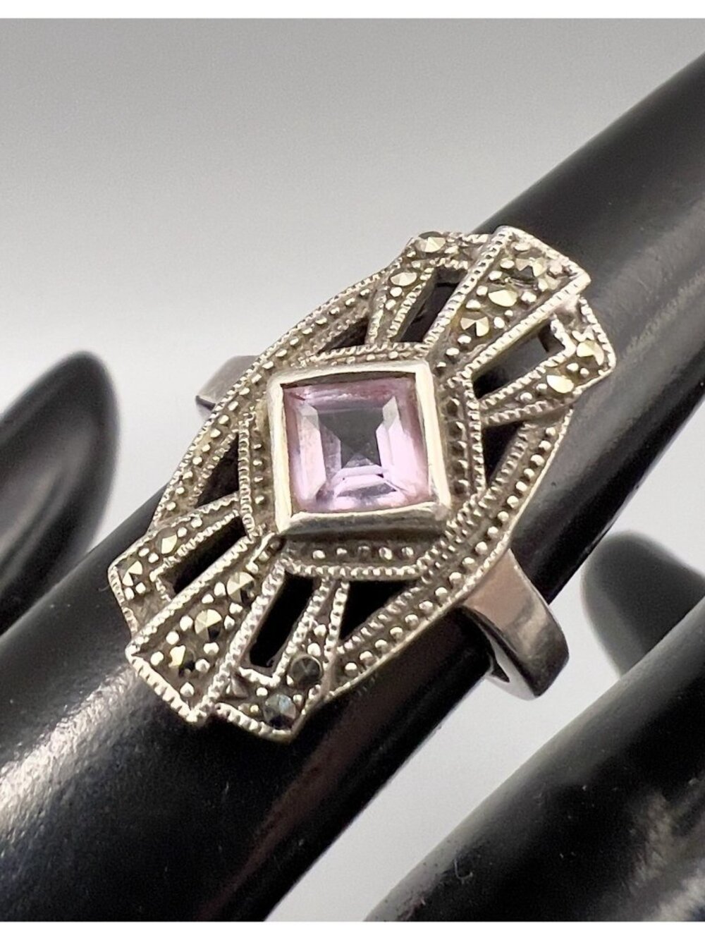 Vintage Art Deco Sterling Silver Amethyst Marcasite Ring Size 7